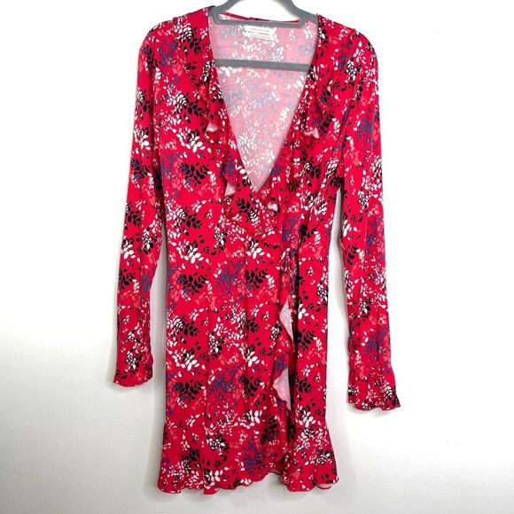 Urban Outfitters Red Floral Long Sleeve Ruffle Wrap Dress Women's Size Large - Picture 1 of 10